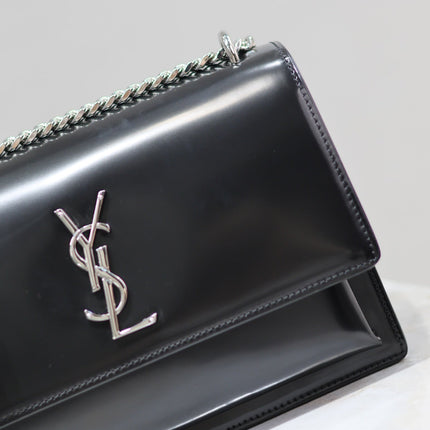 YSL 25S SUNSET MEDIUM 22 IN BLACK SHINY CALFSKIN SILVER HARDWRE