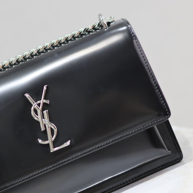 YSL 25S SUNSET MEDIUM 22 IN BLACK SHINY CALFSKIN SILVER HARDWRE