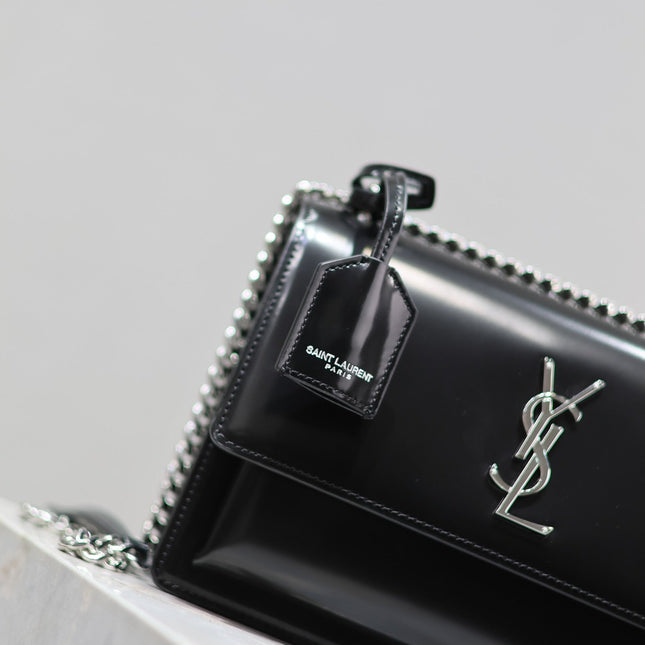 YSL 25S SUNSET MEDIUM 22 IN BLACK SHINY CALFSKIN SILVER HARDWRE