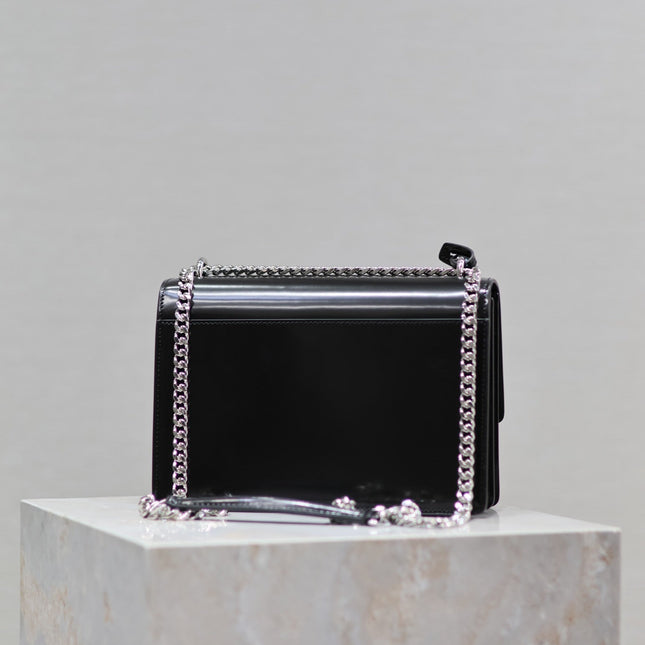 YSL 25S SUNSET MEDIUM 22 IN BLACK SHINY CALFSKIN SILVER HARDWRE
