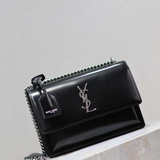 YSL 25S SUNSET MEDIUM 22 IN BLACK SHINY CALFSKIN SILVER HARDWRE