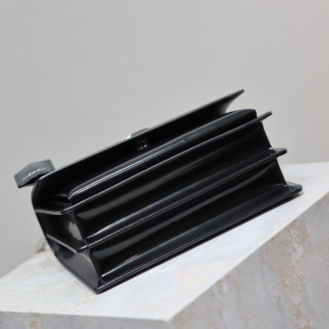 YSL 25S SUNSET MEDIUM 22 IN BLACK SHINY CALFSKIN SILVER HARDWRE