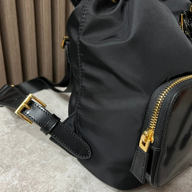 BACKPACK 25 IN BLACK RE-NYLON AND GLOSSY CALFSKIN GOLD HARDWARE