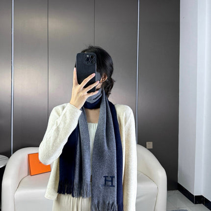 SCARF 180 CM IN NAVY BLUE MIX GREY CASHMERE WITH EMBROIDERED LOGO