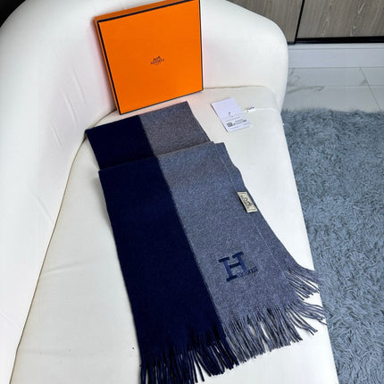 SCARF 180 CM IN NAVY BLUE MIX GREY CASHMERE WITH EMBROIDERED LOGO