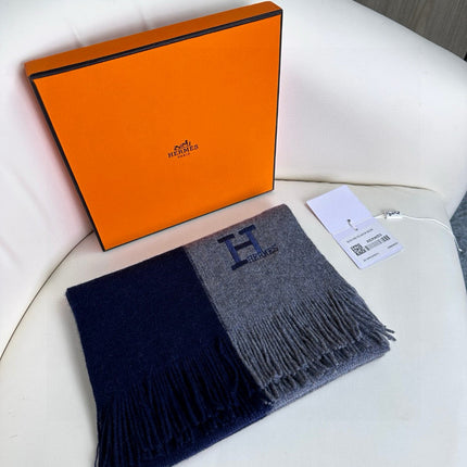 SCARF 180 CM IN NAVY BLUE MIX GREY CASHMERE WITH EMBROIDERED LOGO