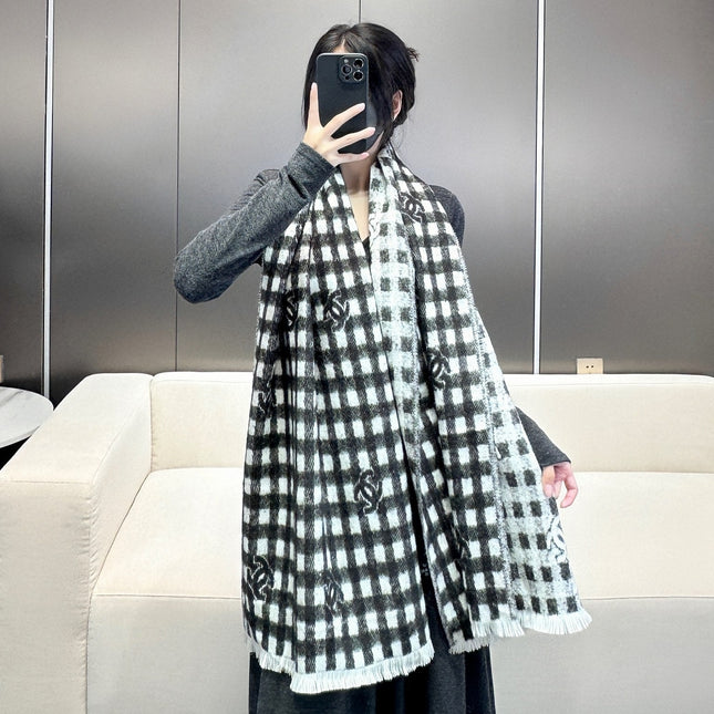 SCARF 190 CM IN BLACK MIX WHITE CARO CASHMERE AND WOOL 390944