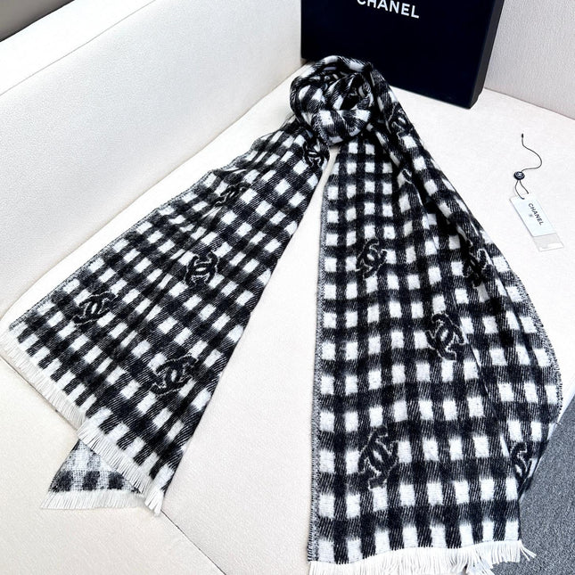 SCARF 190 CM IN BLACK MIX WHITE CARO CASHMERE AND WOOL 390944
