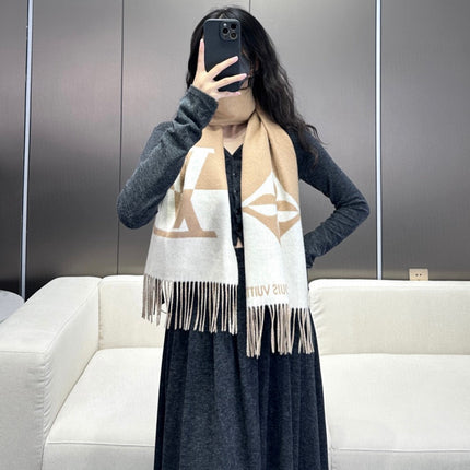 GRAPHIC DUAL SCARF 192 CM IN TUSCAN BEIGE MIX WHITE WOOL AND CASHMERE 396434