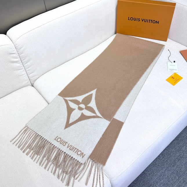 GRAPHIC DUAL SCARF 192 CM IN TUSCAN BEIGE MIX WHITE WOOL AND CASHMERE 396434