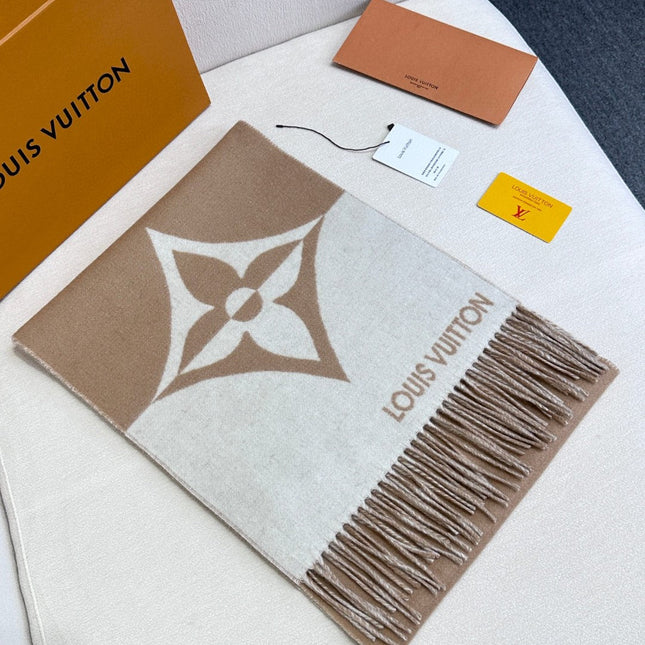 GRAPHIC DUAL SCARF 192 CM IN TUSCAN BEIGE MIX WHITE WOOL AND CASHMERE 396434