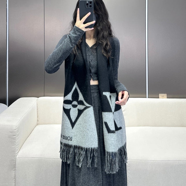GRAPHIC DUAL SCARF 192 CM IN BLACK MIX LIGHT GRAY WOOL AND CASHMERE 396435