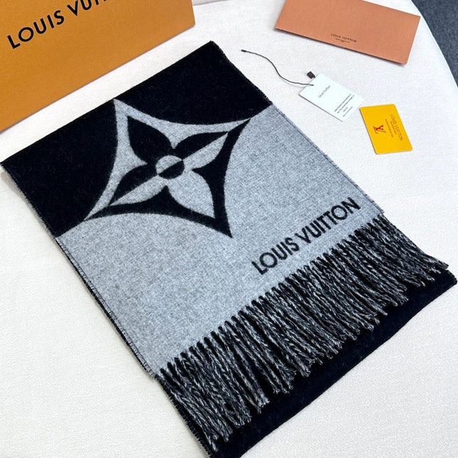 GRAPHIC DUAL SCARF 192 CM IN BLACK MIX LIGHT GRAY WOOL AND CASHMERE 396435