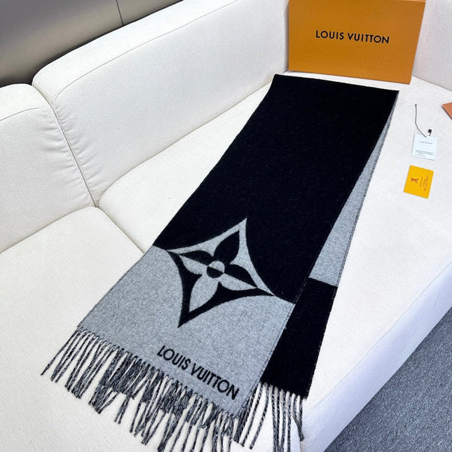 GRAPHIC DUAL SCARF 192 CM IN BLACK MIX LIGHT GRAY WOOL AND CASHMERE 396435