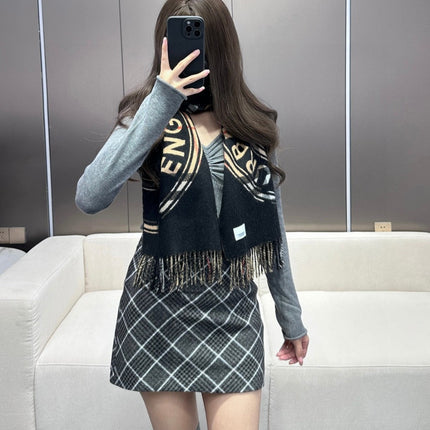SCARF 180 CM IN BLACK AND TAN BROWN CASHMERE 407240