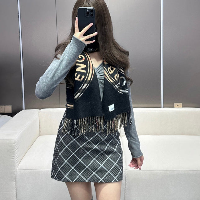 SCARF 180 CM IN BLACK AND TAN BROWN CASHMERE 407240
