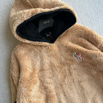 MONCLER 25S FUZZY TEDDY FLEECE HOODIE IN BROWN 042