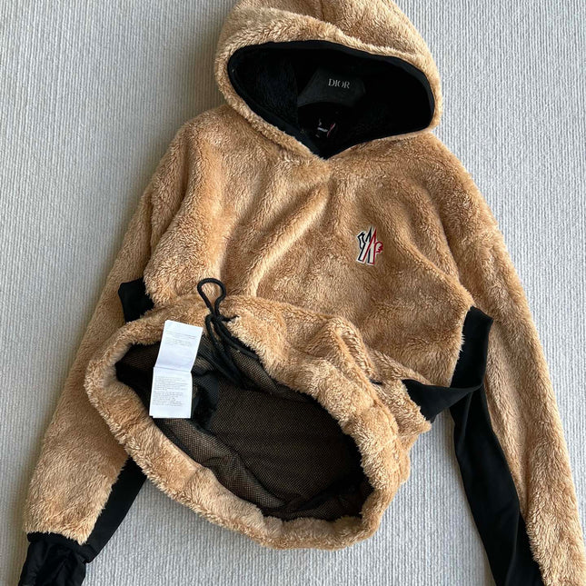 MONCLER 25S FUZZY TEDDY FLEECE HOODIE IN BROWN 042
