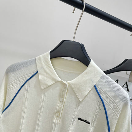 MIUMIU SHORT-SLEEVE RAGLAN POLO SHIRT IN BLUE AND WHITE 267966