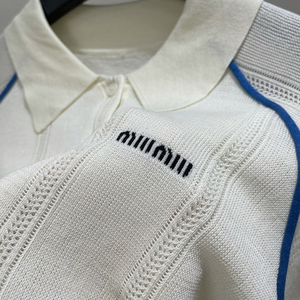 MIUMIU SHORT-SLEEVE RAGLAN POLO SHIRT IN BLUE AND WHITE 267966