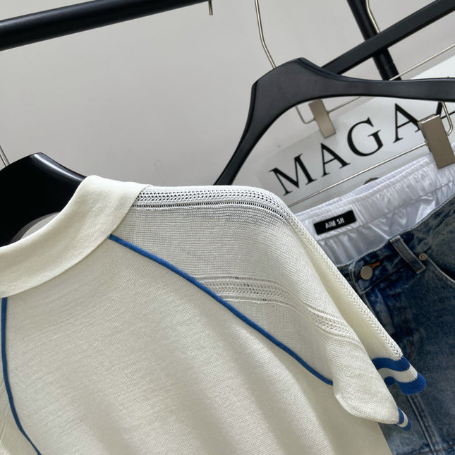 MIUMIU SHORT-SLEEVE RAGLAN POLO SHIRT IN BLUE AND WHITE 267966