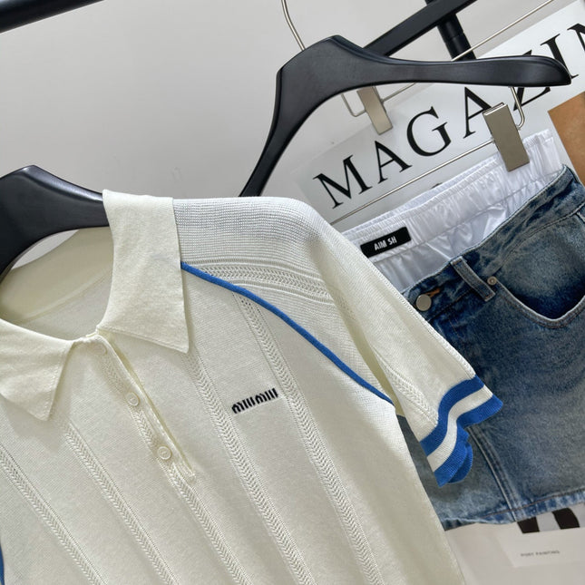 MIUMIU SHORT-SLEEVE RAGLAN POLO SHIRT IN BLUE AND WHITE 267966
