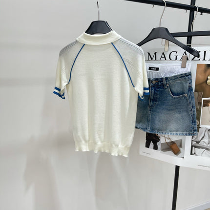 MIUMIU SHORT-SLEEVE RAGLAN POLO SHIRT IN BLUE AND WHITE 267966