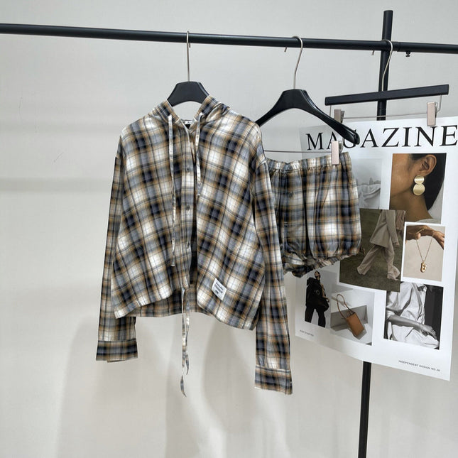ACNE STUDIOS INSPIRED HOODED PLAID SHIRT + PAPERBAG SHORTS SET 267905
