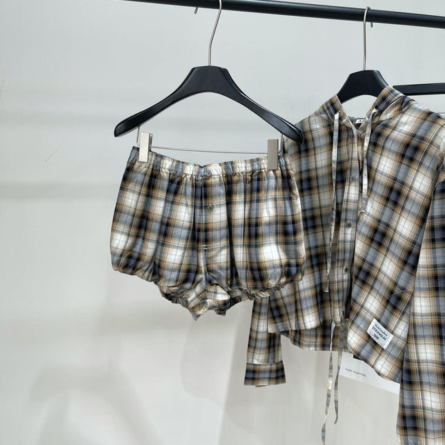 ACNE STUDIOS INSPIRED HOODED PLAID SHIRT + PAPERBAG SHORTS SET 267905