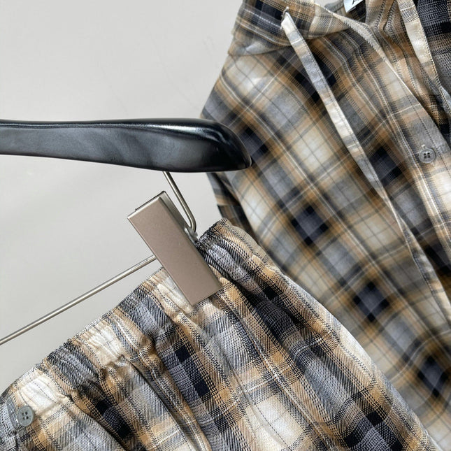 ACNE STUDIOS INSPIRED HOODED PLAID SHIRT + PAPERBAG SHORTS SET 267905