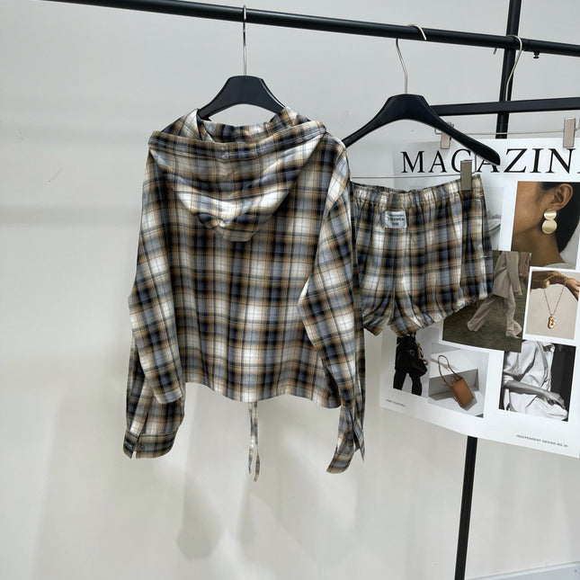 ACNE STUDIOS INSPIRED HOODED PLAID SHIRT + PAPERBAG SHORTS SET 267905