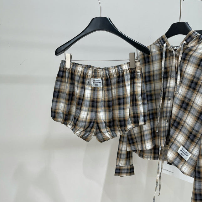 ACNE STUDIOS INSPIRED HOODED PLAID SHIRT + PAPERBAG SHORTS SET 267905