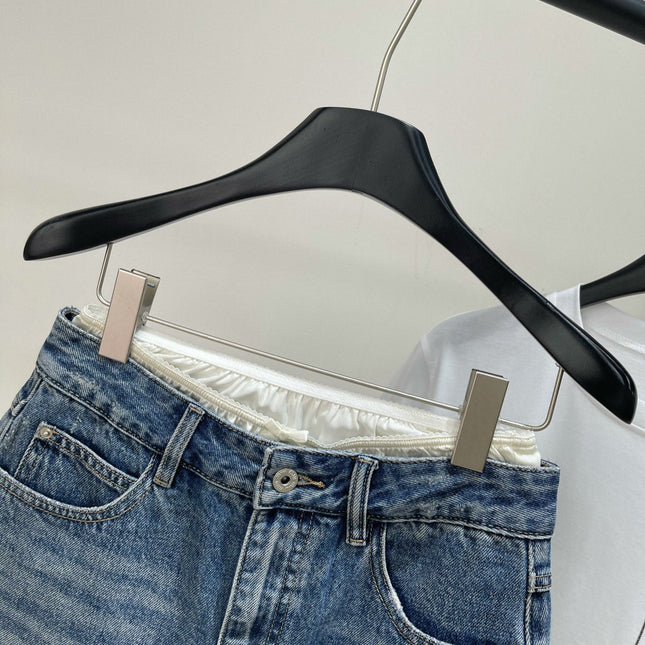 MIUMIU PATCHED DENIM SKIRT WITH LACE 275946