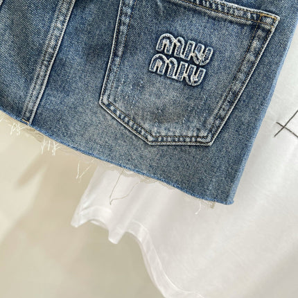 MIUMIU PATCHED DENIM SKIRT WITH LACE 275946