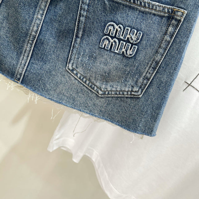 MIUMIU PATCHED DENIM SKIRT WITH LACE 275946