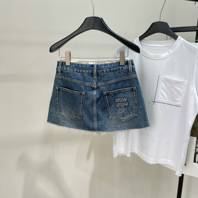 MIUMIU PATCHED DENIM SKIRT WITH LACE 275946