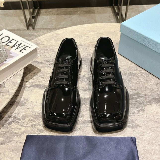PRA SQUARE HEAD LACE-UP LOAFERS GLOSSY BLACK CALFSKIN