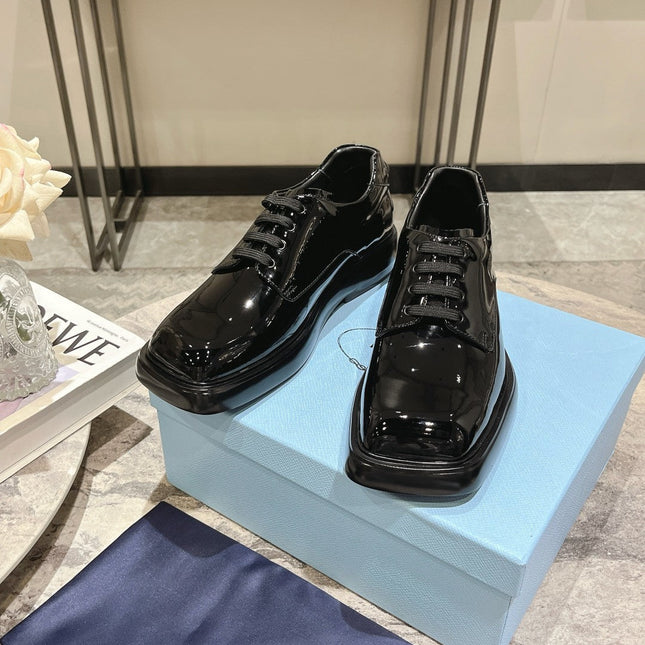 PRA SQUARE HEAD LACE-UP LOAFERS GLOSSY BLACK CALFSKIN