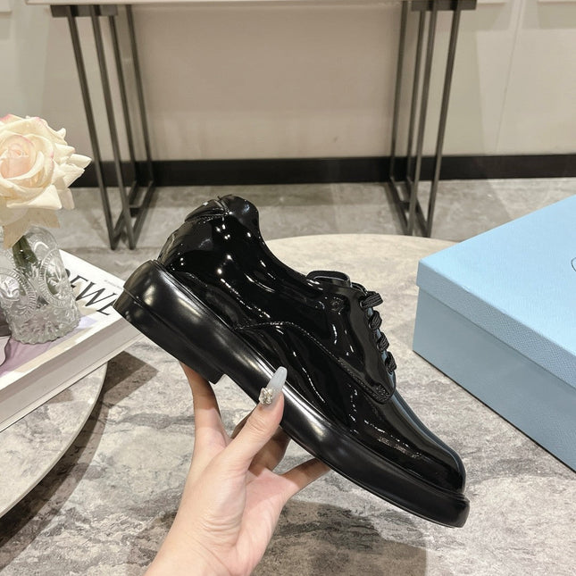 PRA SQUARE HEAD LACE-UP LOAFERS GLOSSY BLACK CALFSKIN