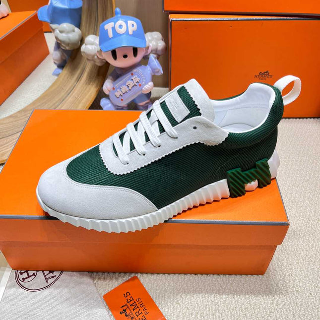 BOUNCING SNEAKER IN PALE GRAY SUEDE AND GREEN FOREST KNIT