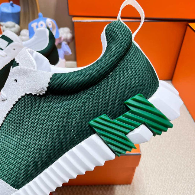 BOUNCING SNEAKER IN PALE GRAY SUEDE AND GREEN FOREST KNIT