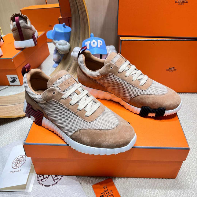 BOUNCING SNEAKER IN PEANUT BROWN SUEDE AND WHITE KNIT