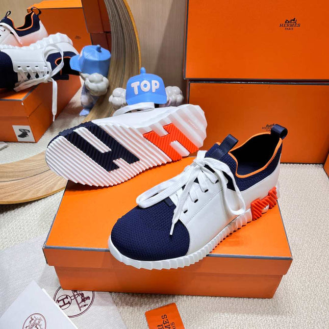 DEPART SLIP-ON SNEAKER IN NAVY BLUE KNIT AND WHITE CALFSKIN