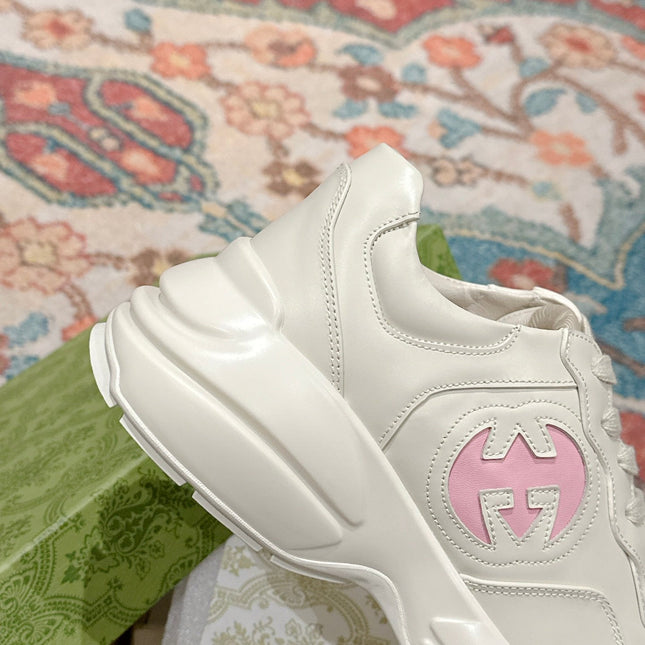 GG RHYTON TRAINER WHITE CALFSKIN WITH PINK LOGO