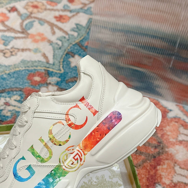 GG RHYTON TRAINER WHITE CALFSKIN WITH MULTI PATTERNS