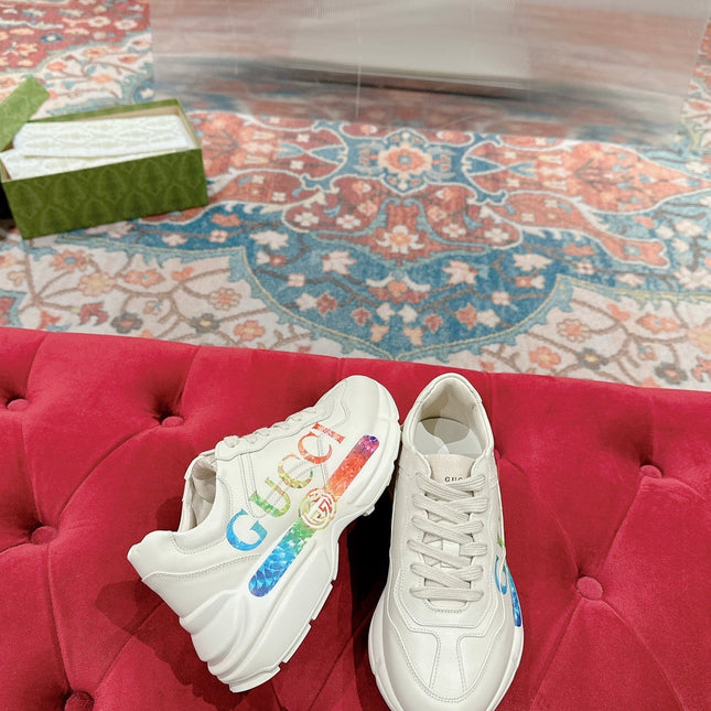 GG RHYTON TRAINER WHITE CALFSKIN WITH MULTI PATTERNS