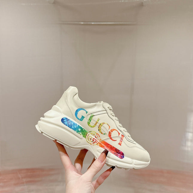 GG RHYTON TRAINER WHITE CALFSKIN WITH MULTI PATTERNS