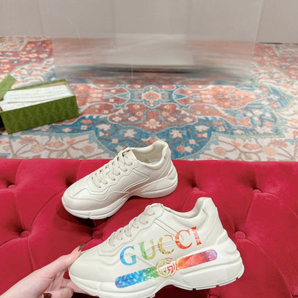 GG RHYTON TRAINER WHITE CALFSKIN WITH MULTI PATTERNS