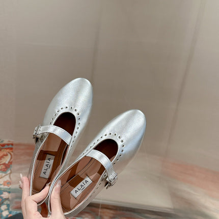ALAIA MARY JANE IN SILVER LAMBSKIN WITH SILVER HARDWARE