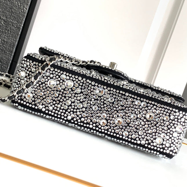 CC MINI 20 FLAP BAG IN SILVER SATIN RHINSTONES EMBELLISHED